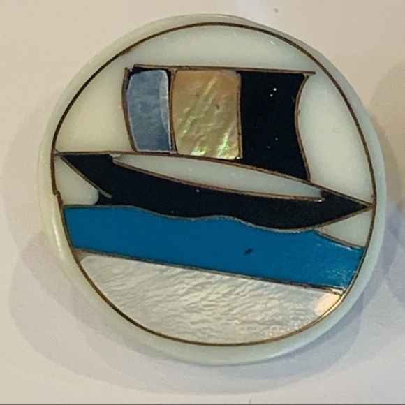 Shell Inlaid boat nautical large round 80s - Picture 2 of 8